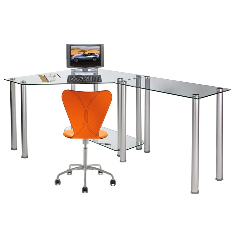 Corner Desk Triangular Glass Top Chrome X-Base Space Saving Airy