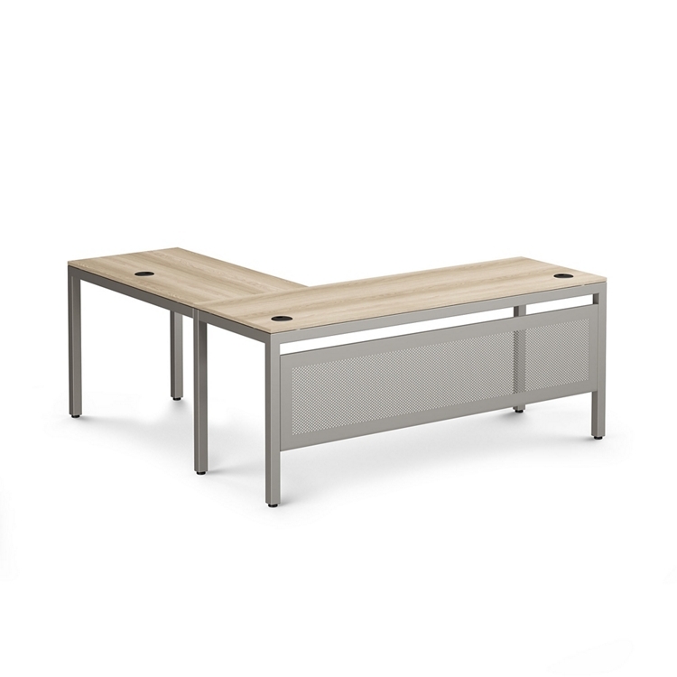 Corner Desk Walnut Top Silver Frame Open Base Executive Style