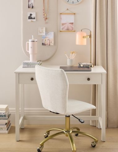 Corner Desk with Integrated Hutch and Gold Accents, Small Space Layout