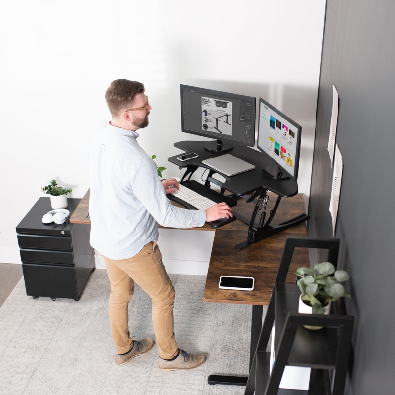 Corner Standing Desk Converter Setup, Two-Tier Space-Saving Design