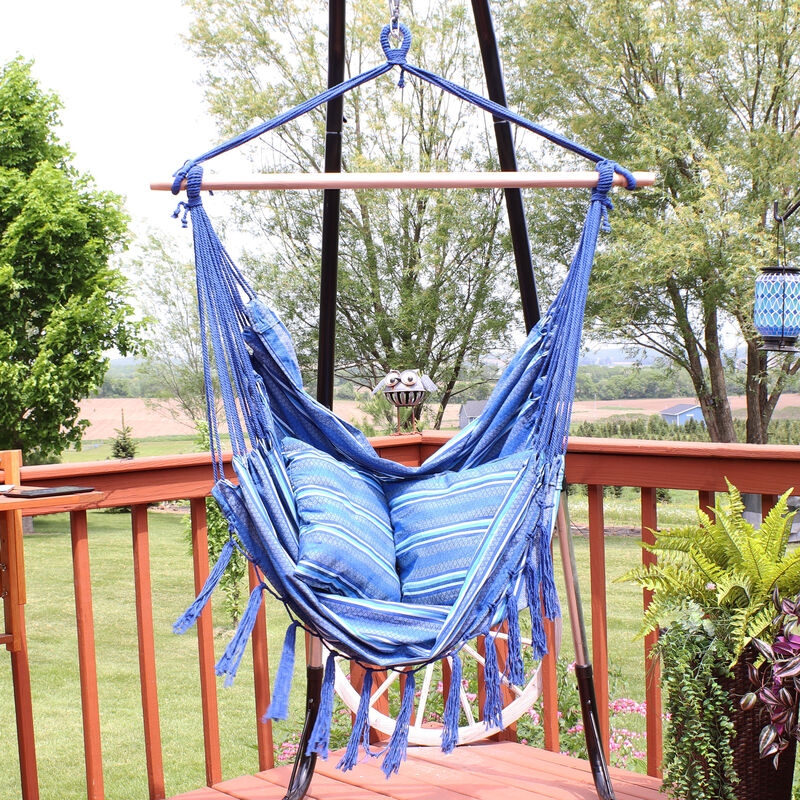 Cornflower Blue and White Striped Hammock Chair with Tassel Fringe