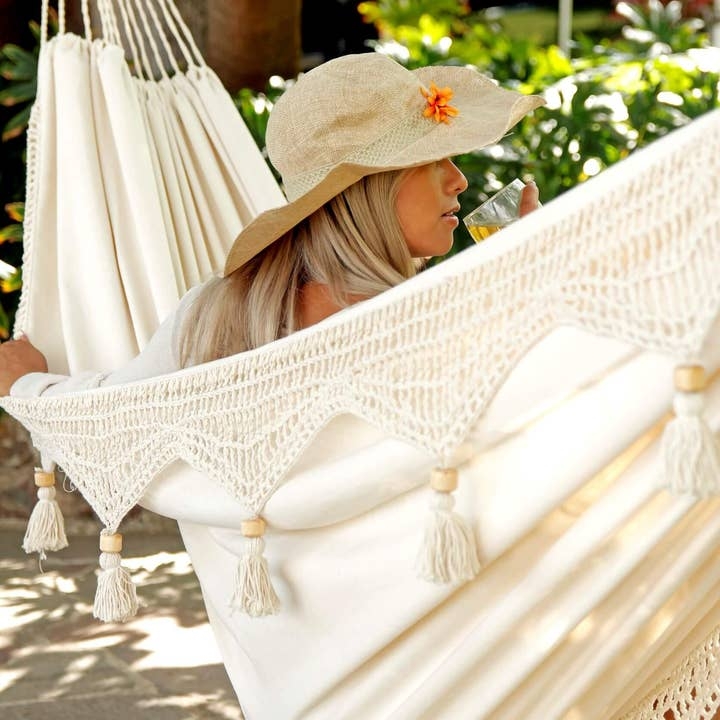 Cotton Hammock with Handmade Crochet Fringe and Wood Spreader Bars