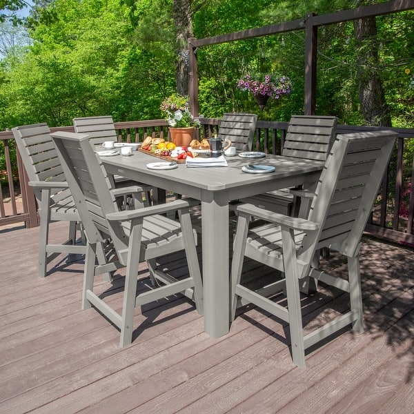 Counter Height Outdoor Dining Set with Honey Finish, Slatted Wood