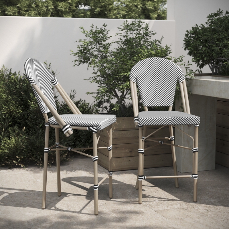 Counter Stool Bamboo Finish Frame Black and White Woven Seat Bistro