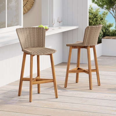Counter Stool Coastal Warm Wood Frame Gray Woven Rattan Curved Back