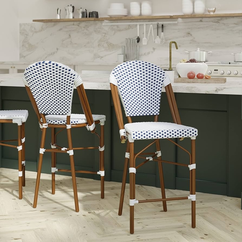 Counter Stool Coastal Woven Navy White Bamboo Finish