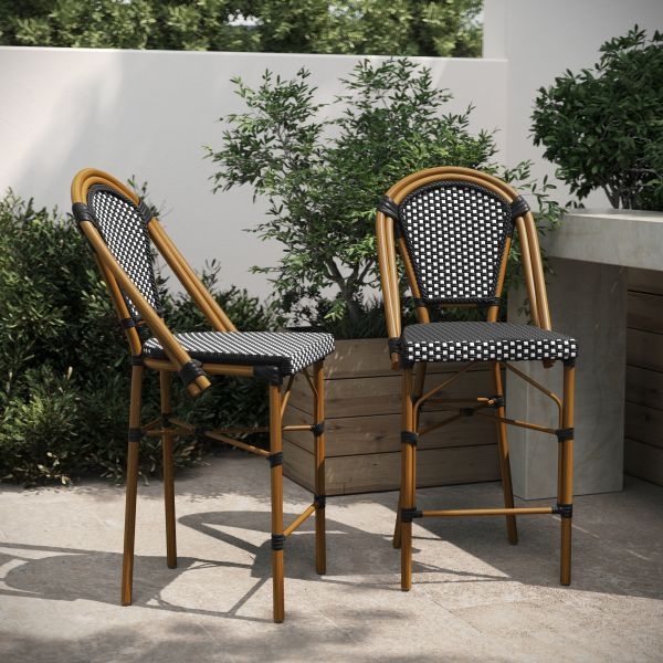 Counter Stool French Bistro Woven Black White Bamboo Finish Stackable