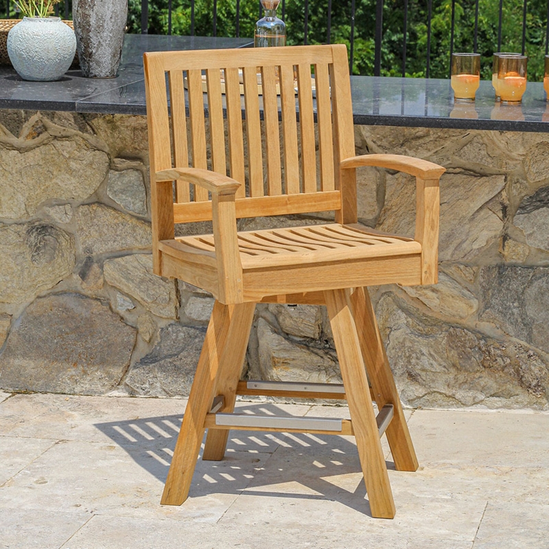Counter Stool Honey Brown Wood Curved Slatted Back Swivel Seat