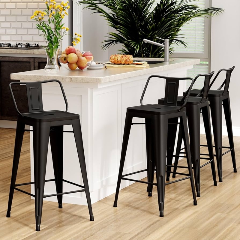 Counter Stool Set of 4 Matte Black Metal Low Back Industrial Style