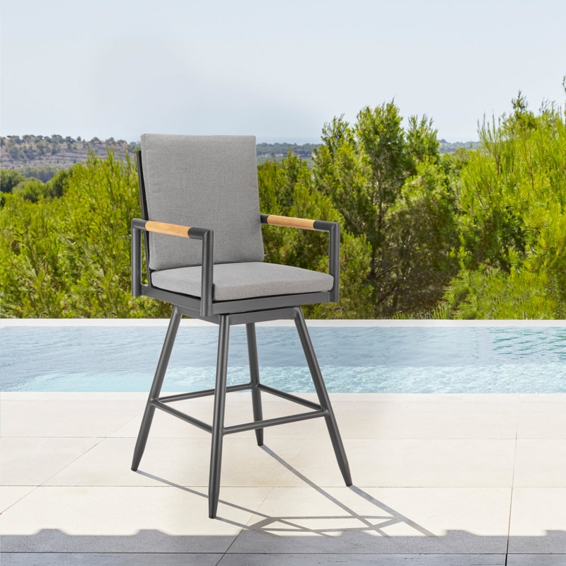 Counter Stool Swivel Wood Accent Matte Black Metal Patio Seating