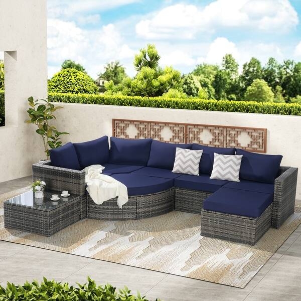 Cozy Outdoor Lounge with Blue Accents, Gray Modular Rattan Sectional Set