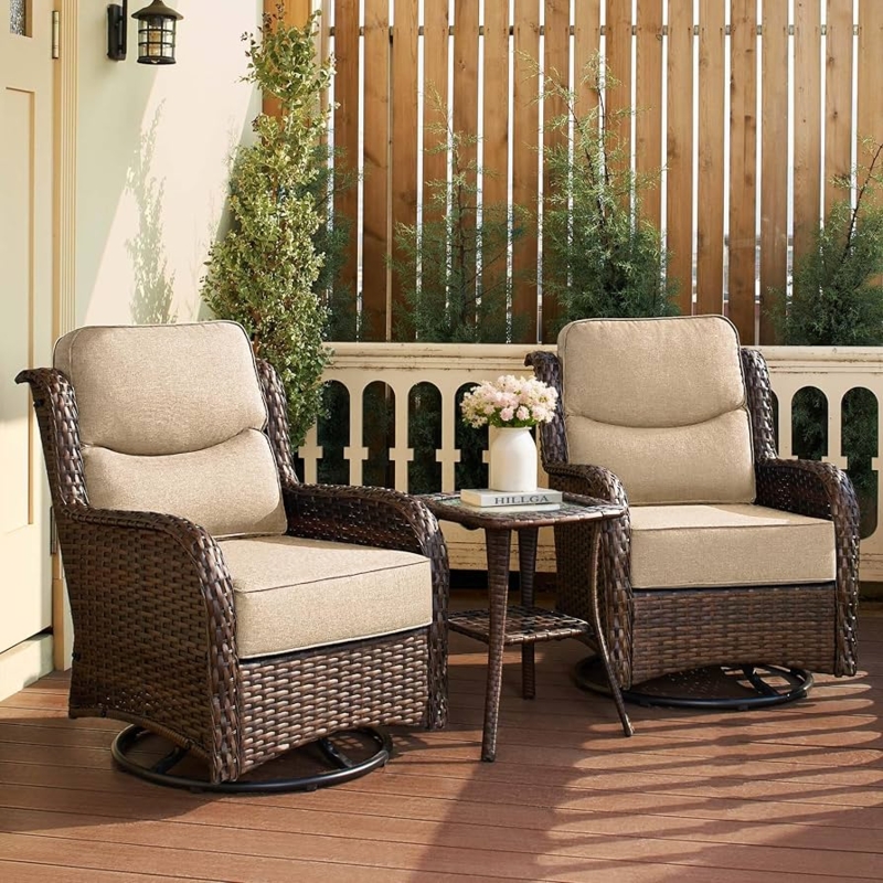 Cozy Patio Swivel Rocker Set with Six-Inch Thick Cushions.