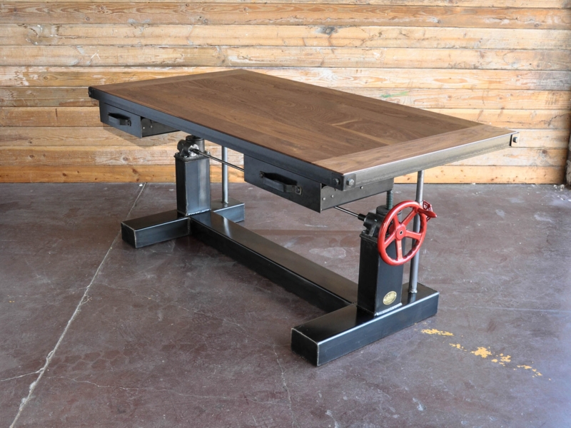 Crank Desk Cast Iron Base Adjustable Height Vintage Industrial Wood