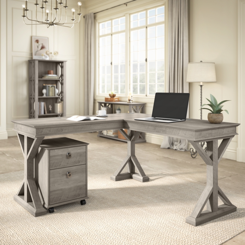 Cream and Wood Corner Desk, L-Shaped Farmhouse Style