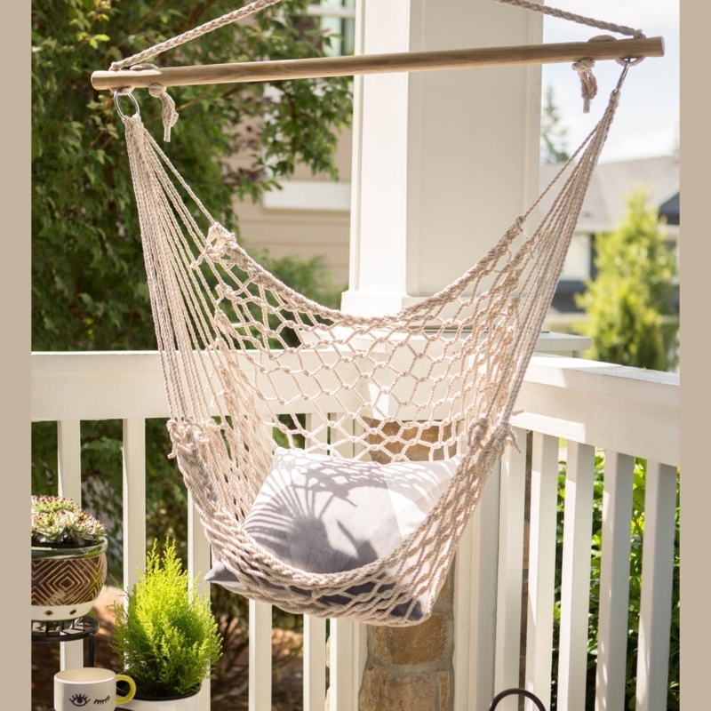 Cream Bohemian Hammock Chair with Macrame Weaving and Tassel Fringe