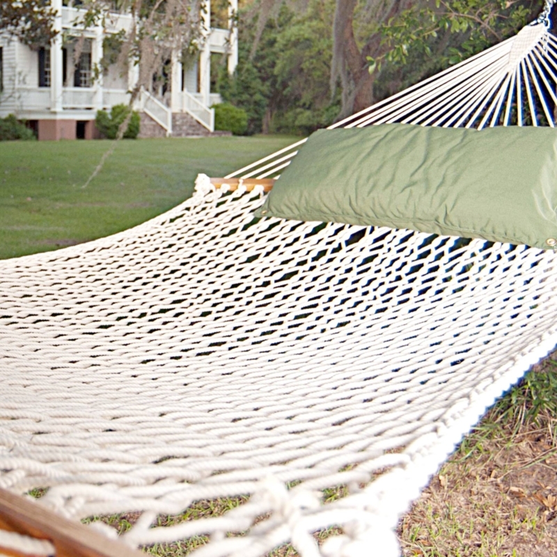 Cream Lattice Weave Rope Hammock with Wood Spreader Bars Traditional