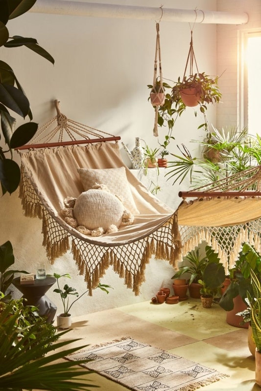 Cream Macrame Hammock with Fringe and Woven Hanging Bed Design
