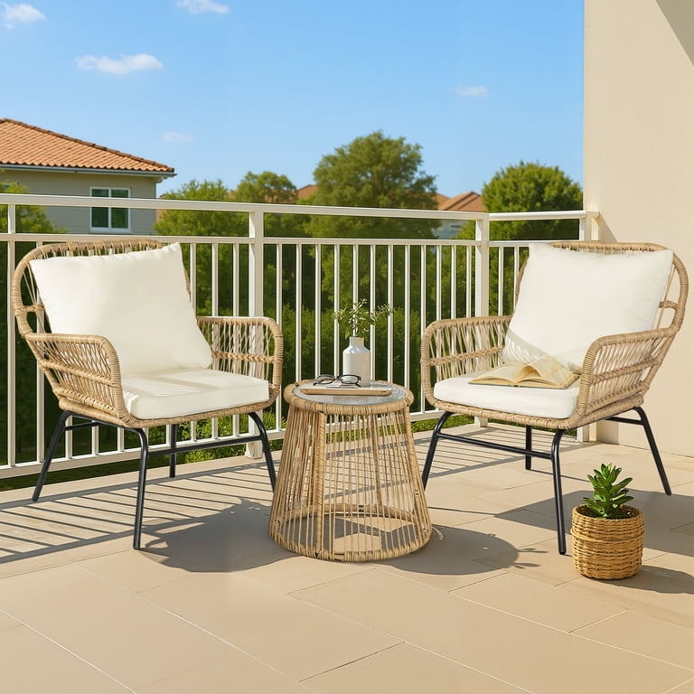 Cream Wicker Bistro Set Woven Barrel Black Hairpin Legs