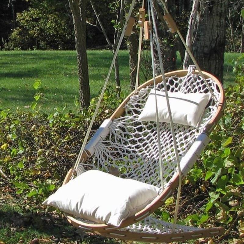 Cream Woven Macrame Design Hammock Chair with Integrated Footrest