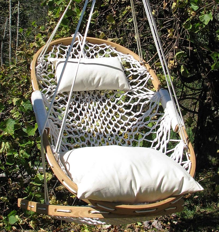Cream Woven Rope Hammock Chair with Wooden Spreader Bar for Patio