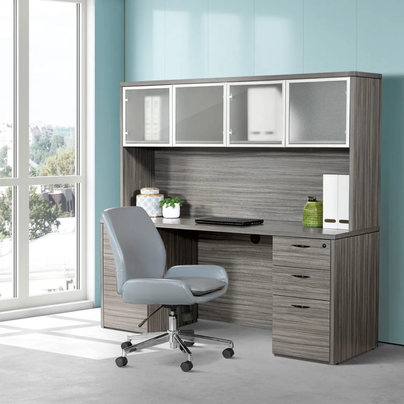Credenza Desk Frosted Glass Hutch Silver Hardware Transitional Office