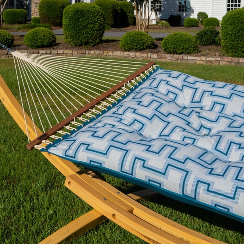Cushioned Hammock, Indigo Blue Fabric, Rope Ends, Wood Spreader Bars