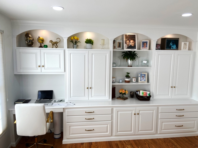 Custom Built In Desk With Dark Mahogany Stain Wraparound Layout