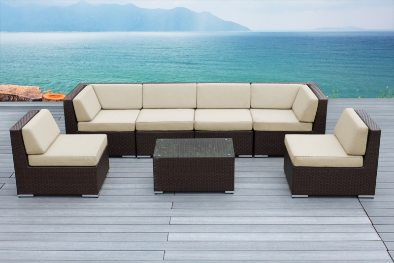Dark Brown Patio Sectional Set for Poolside Placement with Glass Top