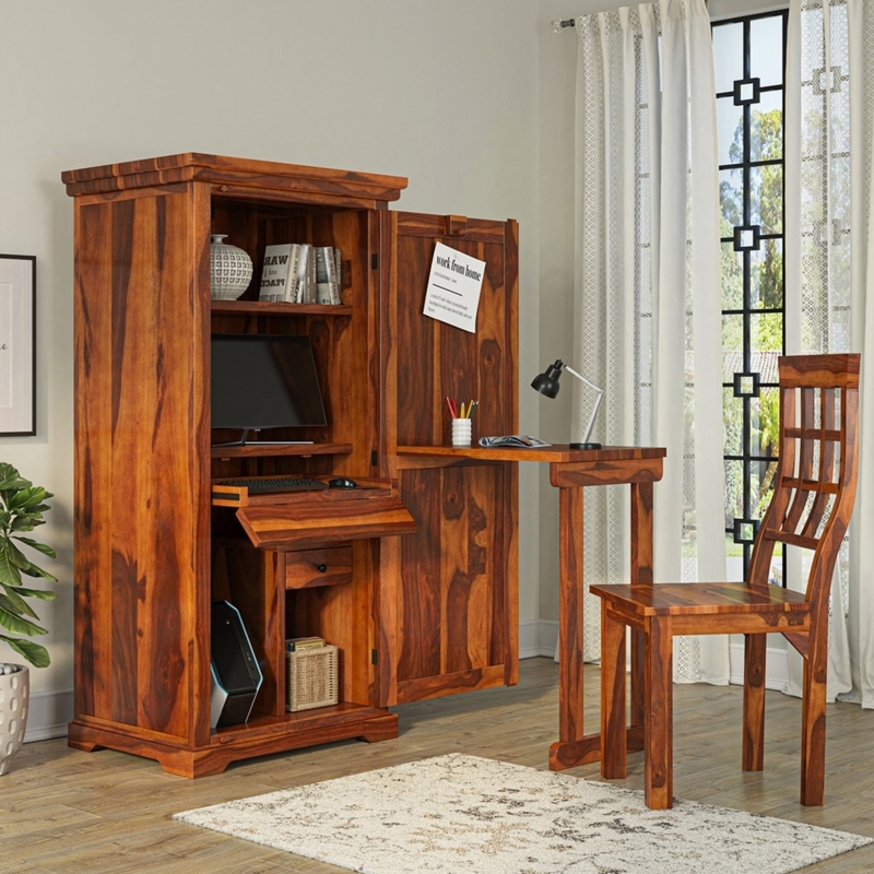 Dark Espresso Computer Armoire Desk With Bifold Doors And Tray