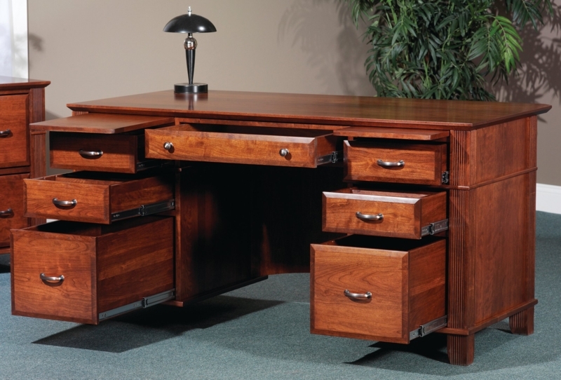 Dark Espresso Executive Desk Raised Panel Details. Seven Drawer Storage.
