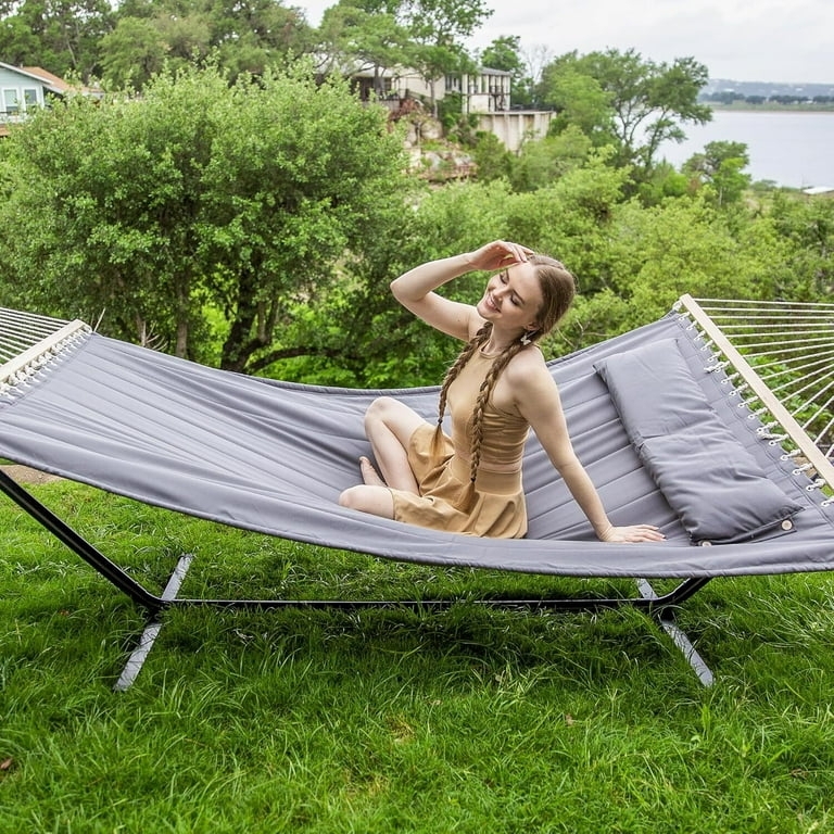 Dark Gray Quilted Hammock with Portable Black Metal Stand Modern