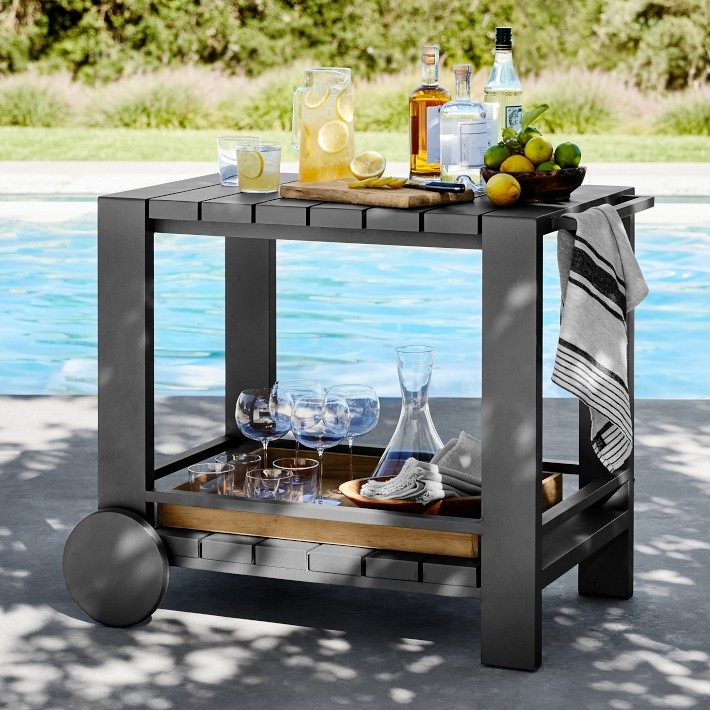Dark Metal Bar Cart with Glass Shelves, Industrial Chic Styling