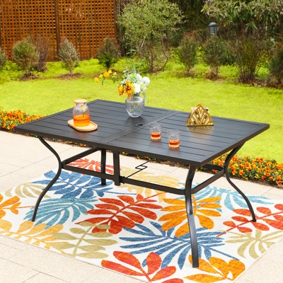 Dark Metal Patio Dining Table, Rectangular Lattice Top, Umbrella Hole.
