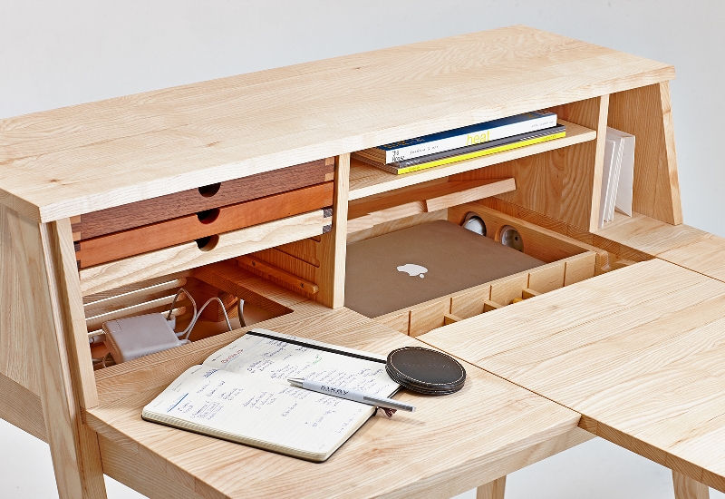 Dark Wood Secretary Desk with Slim Metal Frame & Drop-Front