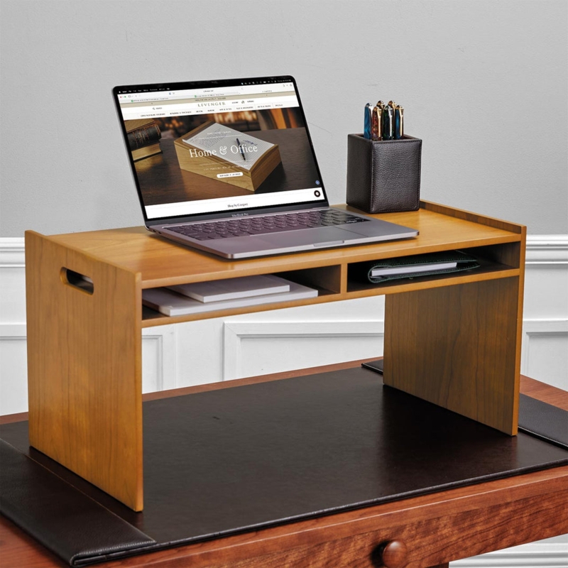 Dark Wood Standing Desk Riser, Notched Adjustment with Cherry Finish