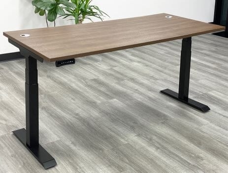 Dark Wood Standing Desk with Silver T-Leg Base & Electric Lift