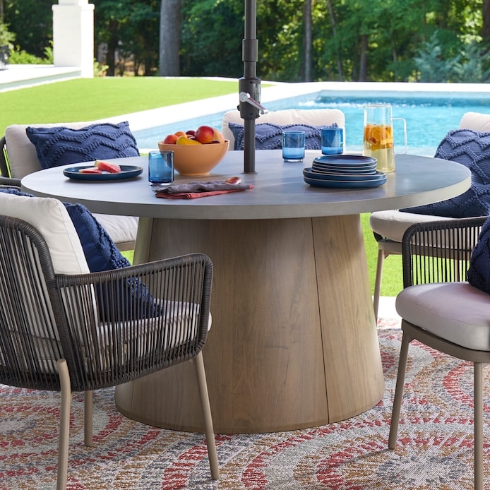 Dark Wood Toned Patio Dining Set, 7-Piece with Cream Cushions
