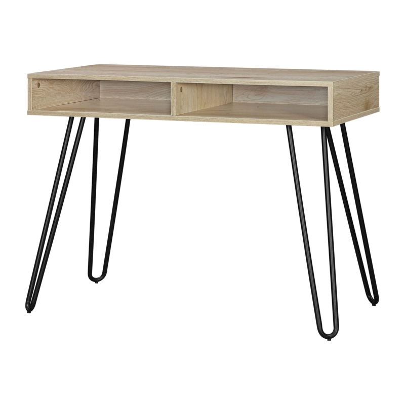 Dark Wood Writing Desk, Slim Profile, Black Hairpin Legs
