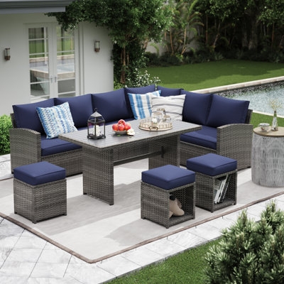 Dark Woven Outdoor Seating Group with Navy Blue Accents
