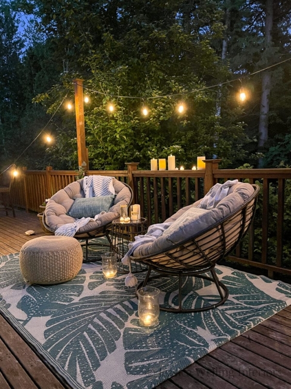 Deck Scene with Overhead String Lights, Layered Outdoor Textiles