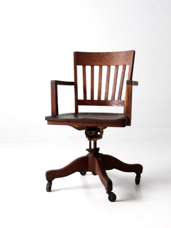Desk Chair Antique Mechanical Base Slat Back Curved Arms
