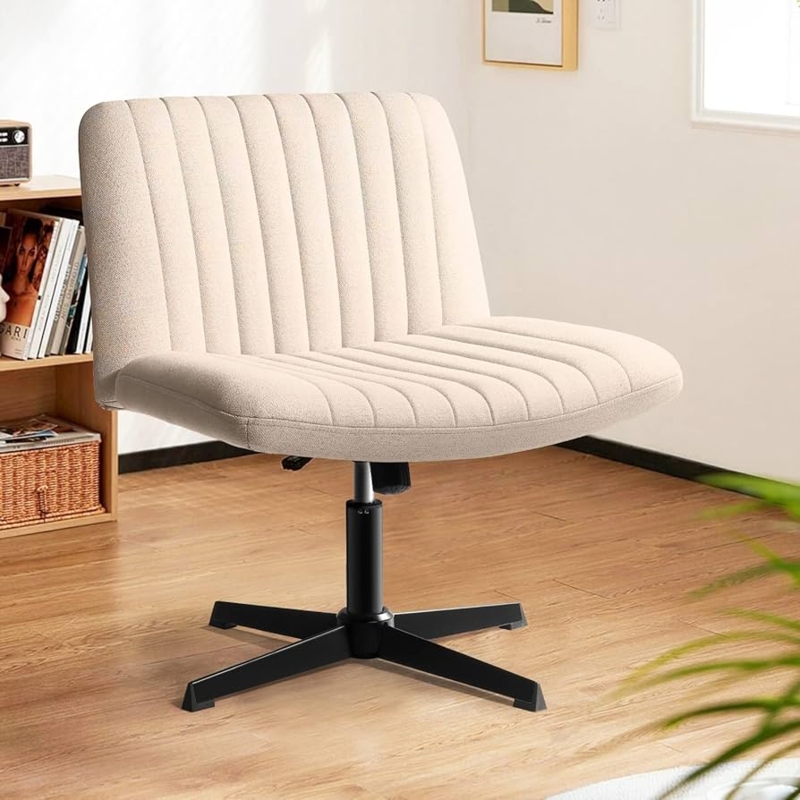 Desk Chair Beige Textured Weave Cross Base Wide Curved Back