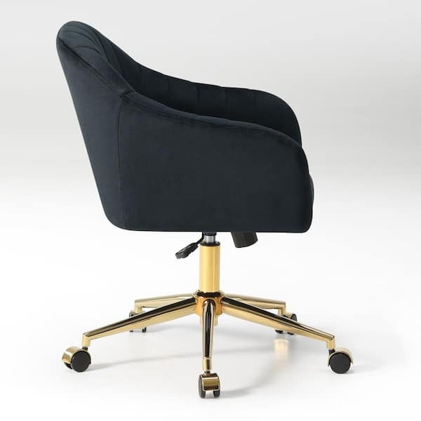 Desk Chair Black Velvet Channel Tufting Gold Base Sloped Arms Vanity