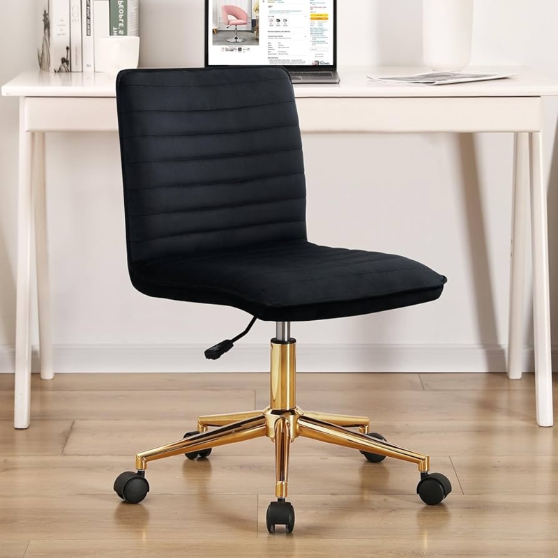 Desk Chair Black Velvet Texture Quilted Back Polished Chrome