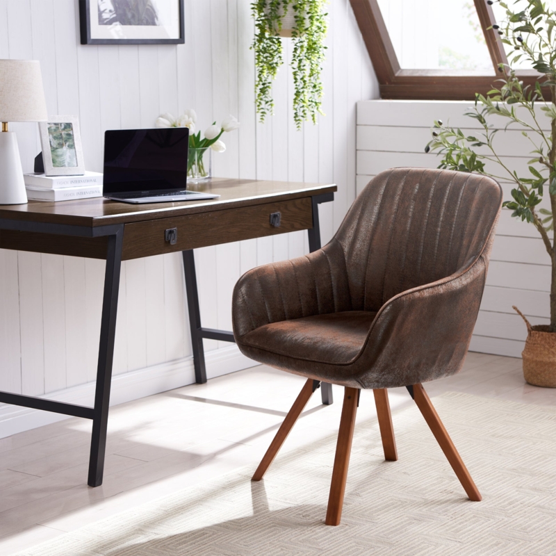 Desk Chair Brown Channel Tufted Bentwood Swivel Leather Like Seating