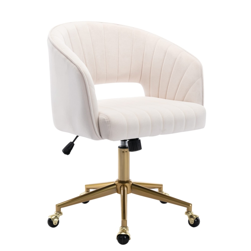 Desk Chair Chic Cream Velvet Gold Base Channel Tufted