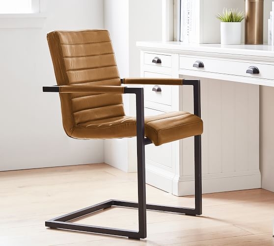 Desk Chair Cognac Leather-Like Minimalist Metal Frame Arms