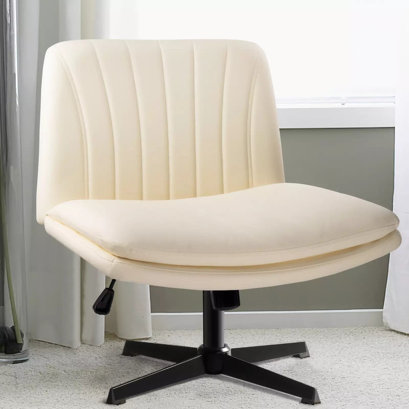 Desk Chair Cream Textured Faux Leather Criss Cross Sled Base Wide Seat