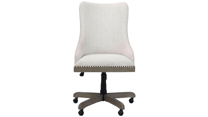 Desk Chair Cream Upholstery Wood Accent Arms Swivel Base