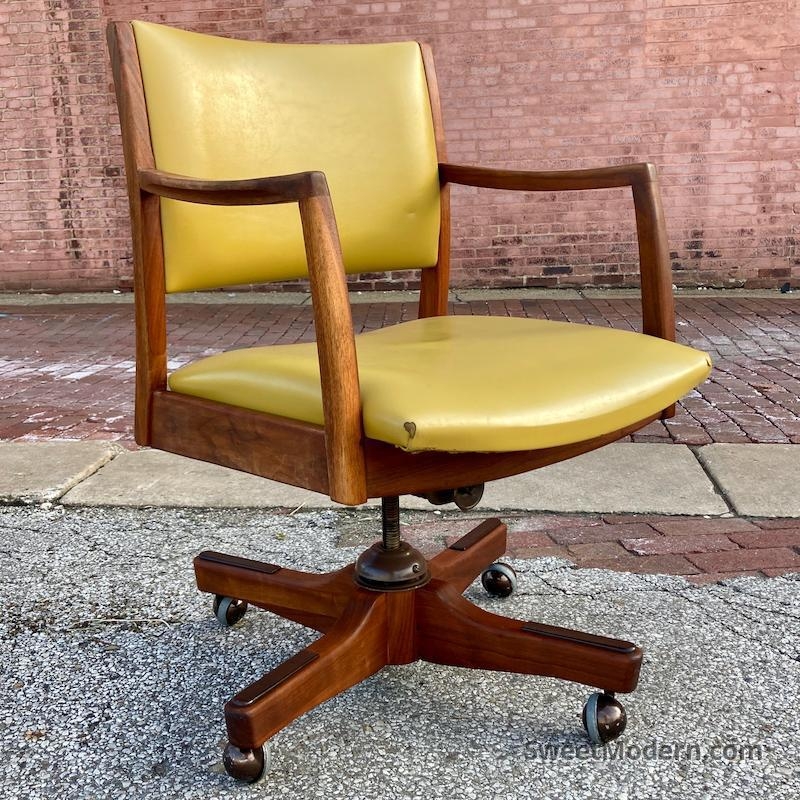 Desk Chair Danish Modern Style Walnut Wood Frame Black Leather-Like